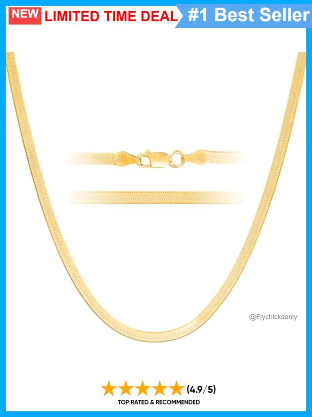 24K Gold Plated 925 Sterling Silver 3mm Herringbone Chain Necklace Lobster Clasp